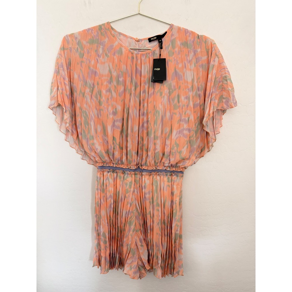 MAJE Isisa Orange Camouflage Plissé Pleated Romper Cutout Back Size 40 US 8 NWT